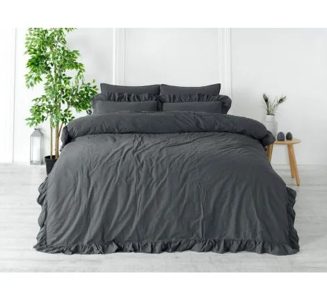 Pościel z bawełny z falbanką - Limasso - 160x200 - Grey - na prezent w pudełku - Bez Prasowania