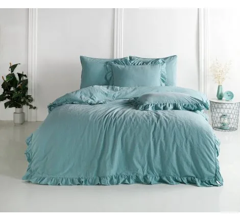 Pościel z bawełny z falbanką - Limasso - 160x200 - Turkus - na prezent w pudełku - Bez Prasowania