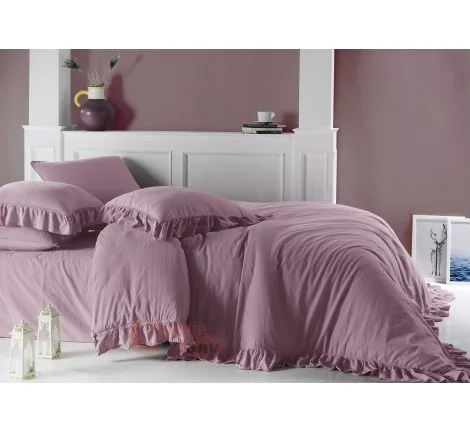 Pościel z bawełny z falbanką - Limasso - 220x200 na prezent w pudełku - Bez Prasowania -Pale Mavue