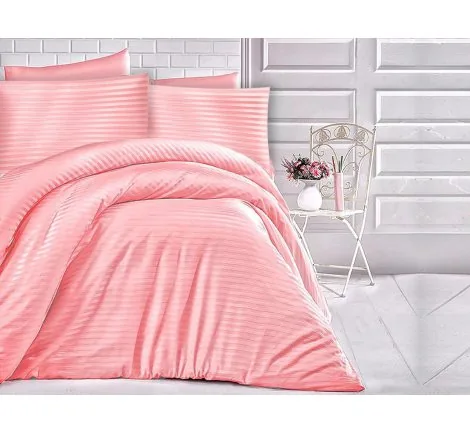 Pościel z satyny bawełnianej paski róż pudrowy 160x200 Cizgili Pudra
