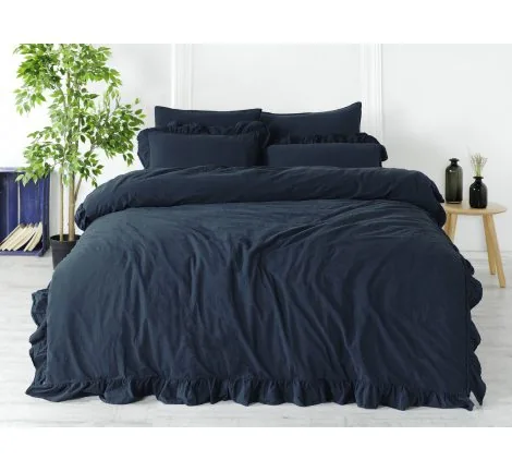 Pościel z bawełny z falbanką - Limasso 160x200 - Dress Blue - w pudełku -Bez Prasowania granat