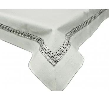 Obrus Biały Glamour 120x120 cm – Srebrna Nitka i Aplikacja Cyrkonie