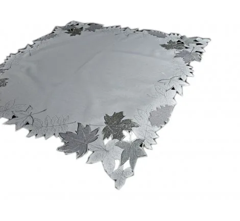 Bieżnik haftowany - 85x85 - Srebrne liście z brokatem - 18353