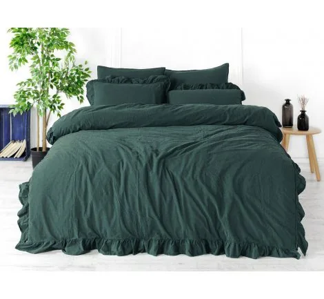 Pościel z bawełny z falbanką - Limasso -160x200 - Dark Green - w pudełku -Bez Prasowania