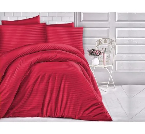 Jednobarwna pościel z satyny bawełnianej paski czerwone 140x200 +70x80 Cizgili Red