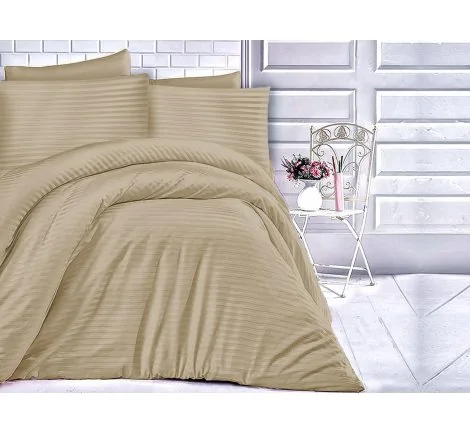 Jednobarwna pościel z satyny bawełnianej Light Brown 200x220 Cizgili - jasny brąz paski