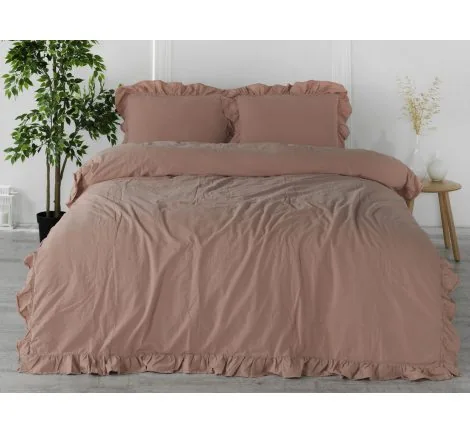 Pościel z bawełny z falbanką - Limasso-160x200 - Cameo Brown - w pudełku -bez Prasowania