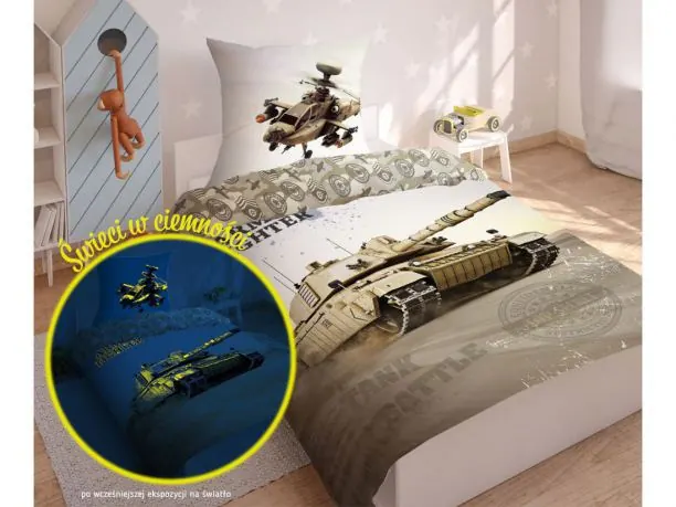 Pościel dla dzieci z bawełny - Czołg- 140x200 +70x80 - Army Fighter 2908 b świecąca w ciemności