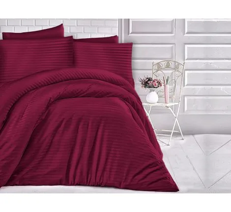 Pościel z satyny bawełnianej - 180x200 - paski bordowe - Cizgili Claret