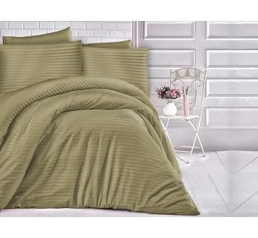 Pościel satyna bawełniana - 140x200+70x80 - paski oliwkowe - Cizgili Olivie Green