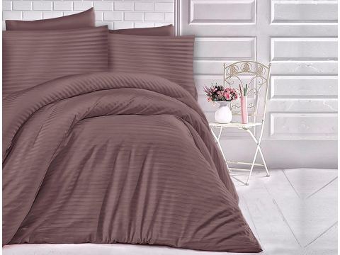 Pościel satynowa - 140x200 + 70x80 - brązowe paski - Cizgili  Brąz Luxury