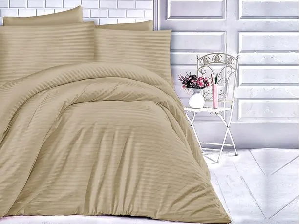 Jednobarwna pościel z satyny bawełnianej- 180x200 - Light Brown - Cizgili - jasny brąz paski
