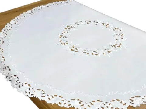 Luksusowy Obrus Haftowany Okrągły śr. 160 cm – Śnieżnobiały ze Zdobionym Ażurem