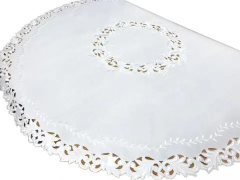 Luksusowy Obrus Haftowany Okrągły śr. 160 cm – Śnieżnobiały ze Zdobionym Ażurem