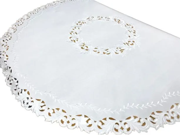 Luksusowy Obrus Haftowany Okrągły śr. 160 cm – Śnieżnobiały ze Zdobionym Ażurem