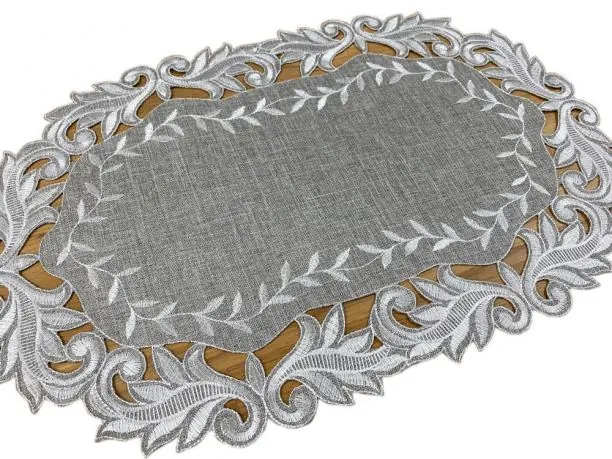Elegancka Serwetka Haftowana Owalna 30x45 – Popielata z Haftem 471
