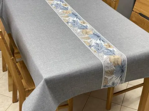 Nowoczesny Obrus Szary Popielaty 140x220 Kolekcja Flora z Pasem Żakardowym