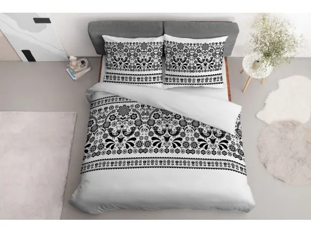 Pościel z bawełny - 220x200 - 3879 A - Łowicka biało czarna- Detexpol