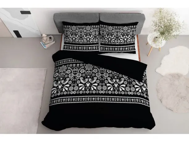 Pościel z bawełny - 220x200 - 3879 B - Łowicka czarno biała - Detexpol