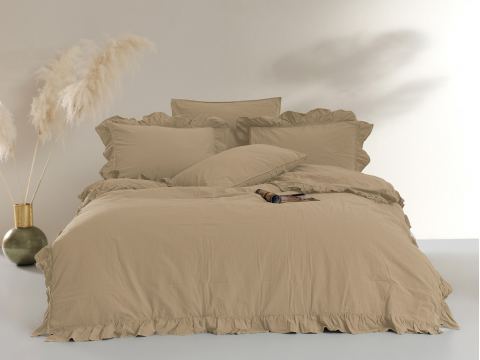 Pościel bawełniana z falbanką Limasso 220x200 - Akdeniz Beige w pudełku bez prasowania Beż ciemny