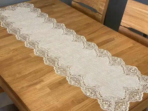 Elegancki Bieżnik Lniano-Beżowy 40x140 Dekoracyjny Szal z Wyrafinowaną Gipiurą