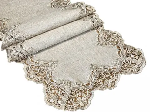 Elegancki Bieżnik Lniano-Beżowy 40x140 Dekoracyjny Szal z Wyrafinowaną Gipiurą