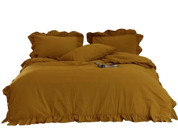 Pościel bawełniana 220x200 z falbanką mustard Limasso w pudełku bez prasowania musztardowy