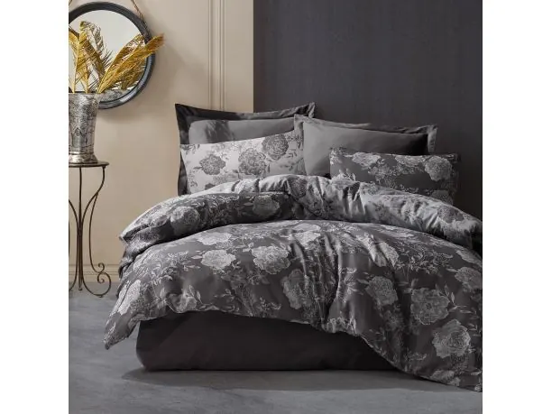 Pościel z bawełny 160x200 +2/70x80 flory dark grey cottonlove jacquard róża