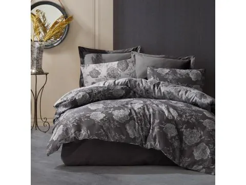 Pościel z bawełny 220x200 +2/70x80 flory dark grey cottonlove jacquard róża