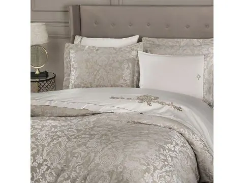 Pościel satynowa haftowana ekskluzywna Fortuny White 200x220 Tivolyo Embroidery Satin