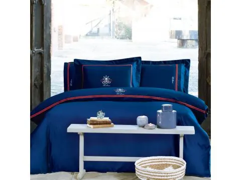 Pościel satynowa haftowana ekskluzywna Navy Blue 200x220 Tivolyo Embroidery Satin marynarski