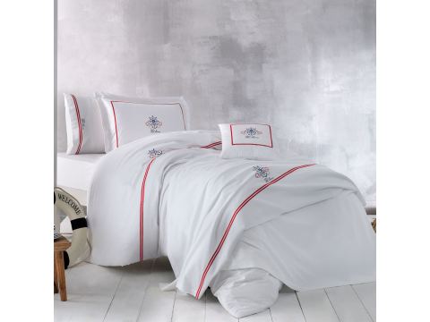Pościel satynowa haftowana ekskluzywna Navy White 200x220 Tivolyo Embroidery Satin marynarski