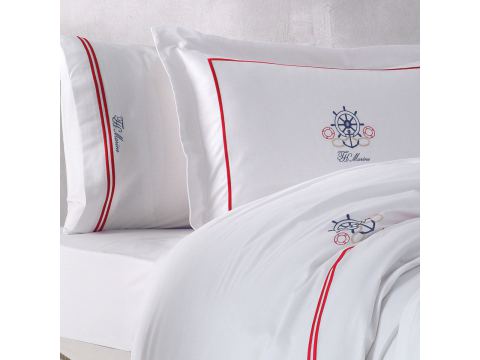 Pościel satynowa haftowana ekskluzywna Navy White 200x220 Tivolyo Embroidery Satin marynarski