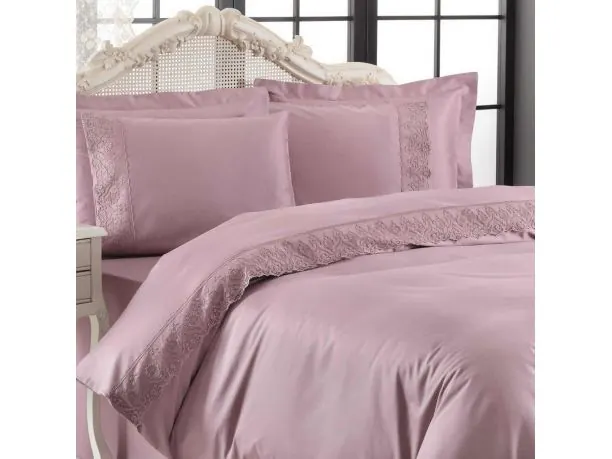 Ekskluzywna pościel satynowa z koronką 200x220 Lina Purple Tivolyo Gipiure