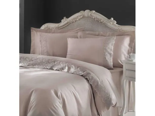 Ekskluzywna pościel satynowa z koronką 200x220 Regina Brown Tivolyo Gipure