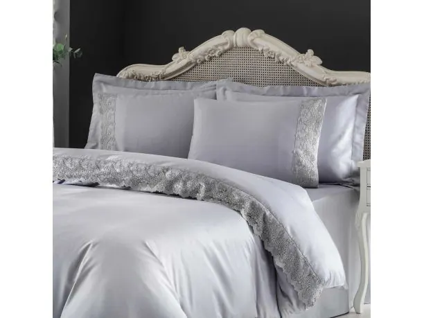 Ekskluzywna pościel satynowa z koronką 200x220 Regina Grey Tivolyo Gipure