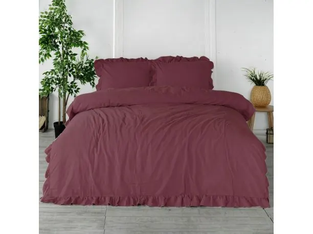 Pościel z bawełny 200x220 z falbanką raspberry Limasso w pudełku bez prasowania fiolet