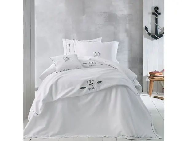 Pościel satynowa haftowana ekskluzywna Ancora White 200x220 Tivolyo Embroidery Satin marynarski