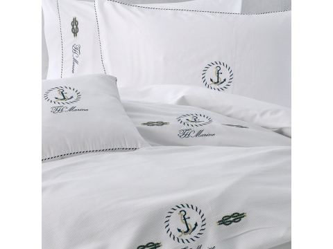 Pościel satynowa haftowana ekskluzywna Ancora White 200x220 Tivolyo Embroidery Satin marynarski