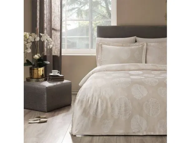 Ekskluzywna pościel żakardowa 200x220 Lidia Beige Tivolyo listki
