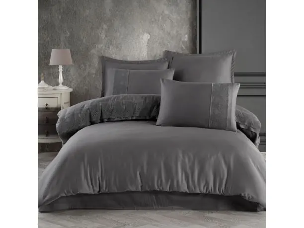Ekskluzywna pościel satynowa 220x200 z koronką Valeria szara gipiura szary