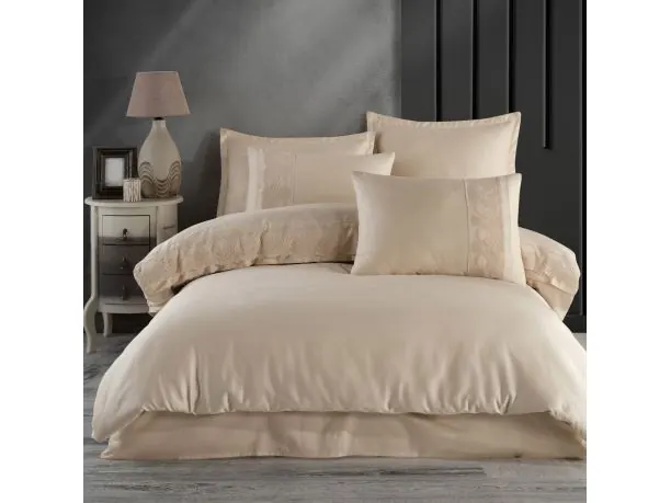 Ekskluzywna pościel satynowa 160x200 z koronką Valeria beż gipiura beżowa