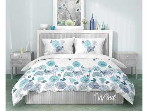 Pościel z bawełny 160x200 +2/70x80 Wind turkusowe motylki, dmuchawce Gold Collection