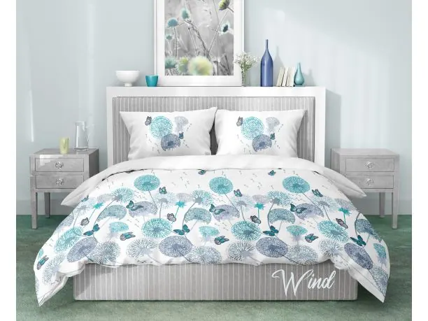 Pościel z bawełny 160x200 +2/70x80 Wind turkusowe motylki, dmuchawce Gold Collection