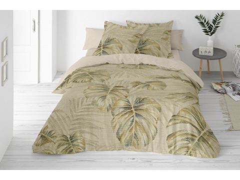 Pościel lniana 160x200 +2/70x80 linen naturalna liście monstery 01