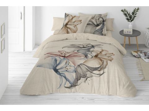 Pościel lniana 160x200 +2/70x80 linen naturalna szaro niebieskie lilie  02