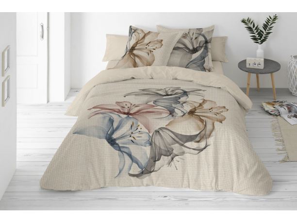 Pościel lniana 160x200 +2/70x80 linen naturalna szaro niebieskie lilie  02