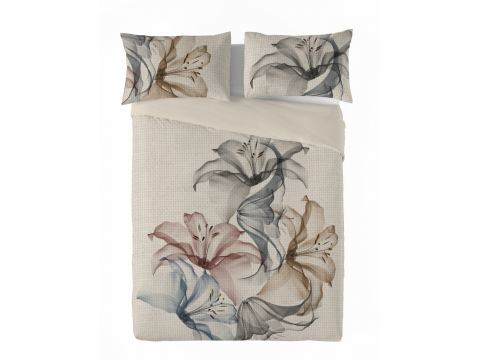 Pościel lniana 160x200 +2/70x80 linen naturalna szaro niebieskie lilie  02