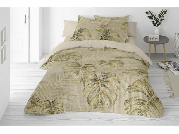 Pościel lniana 220x200 +2/70x80 linen naturalna liście monstery 01