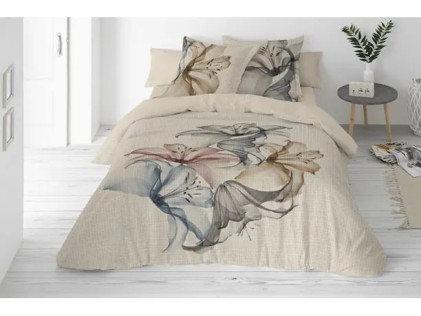 Pościel lniana 220x200 +2/70x80 linen naturalna szaro niebieskie lilie 02